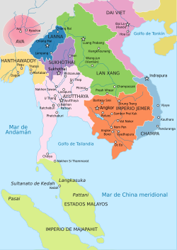 Laos - mapy - Królestwo Lang Xang zielony w 1400 r.n.e. 250px-Map-of-southeast-asia_1400_CE-es.svg.png